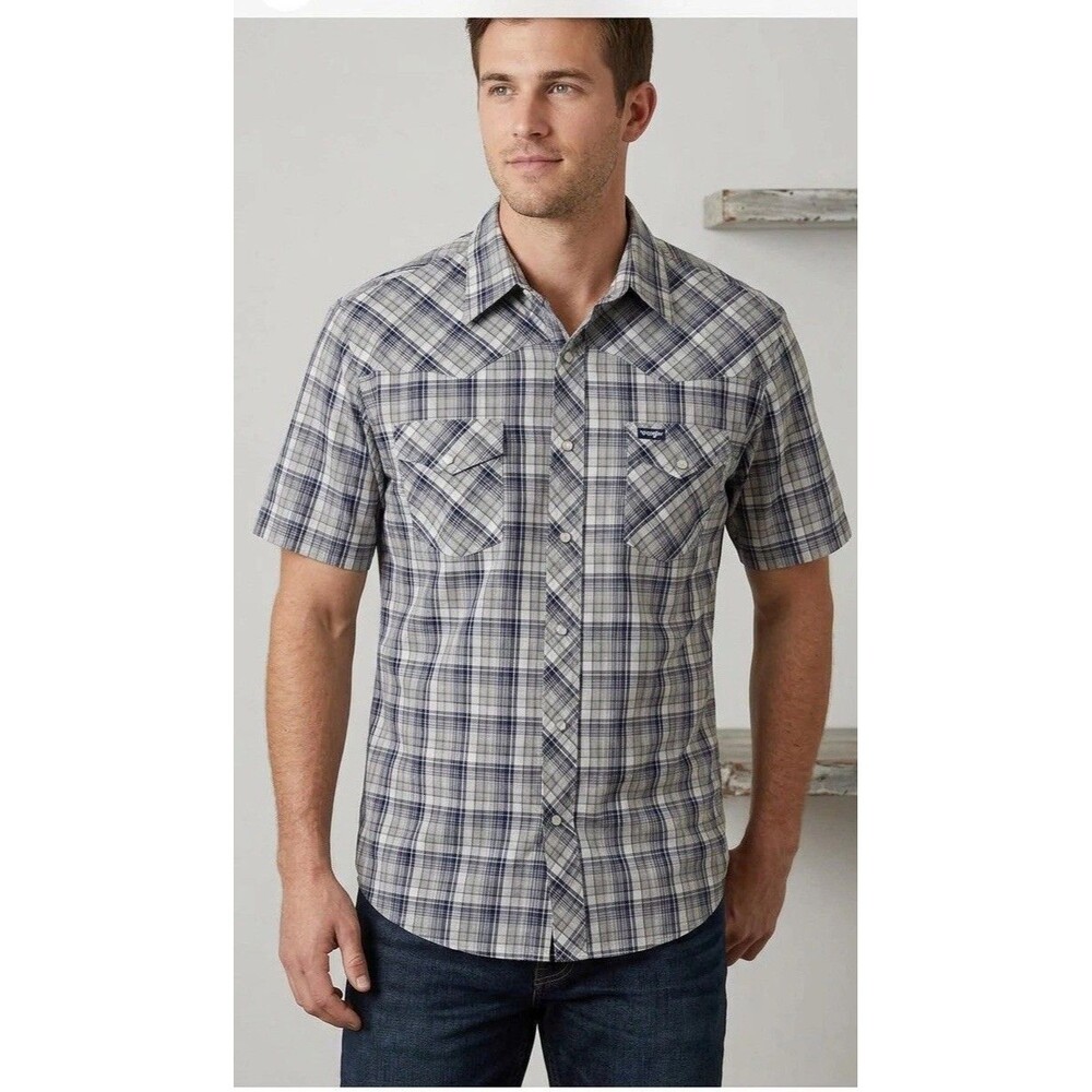 Wrangler Men’s Wrancher Western Pearl Snap Shirt Large Blue Gray Plaid